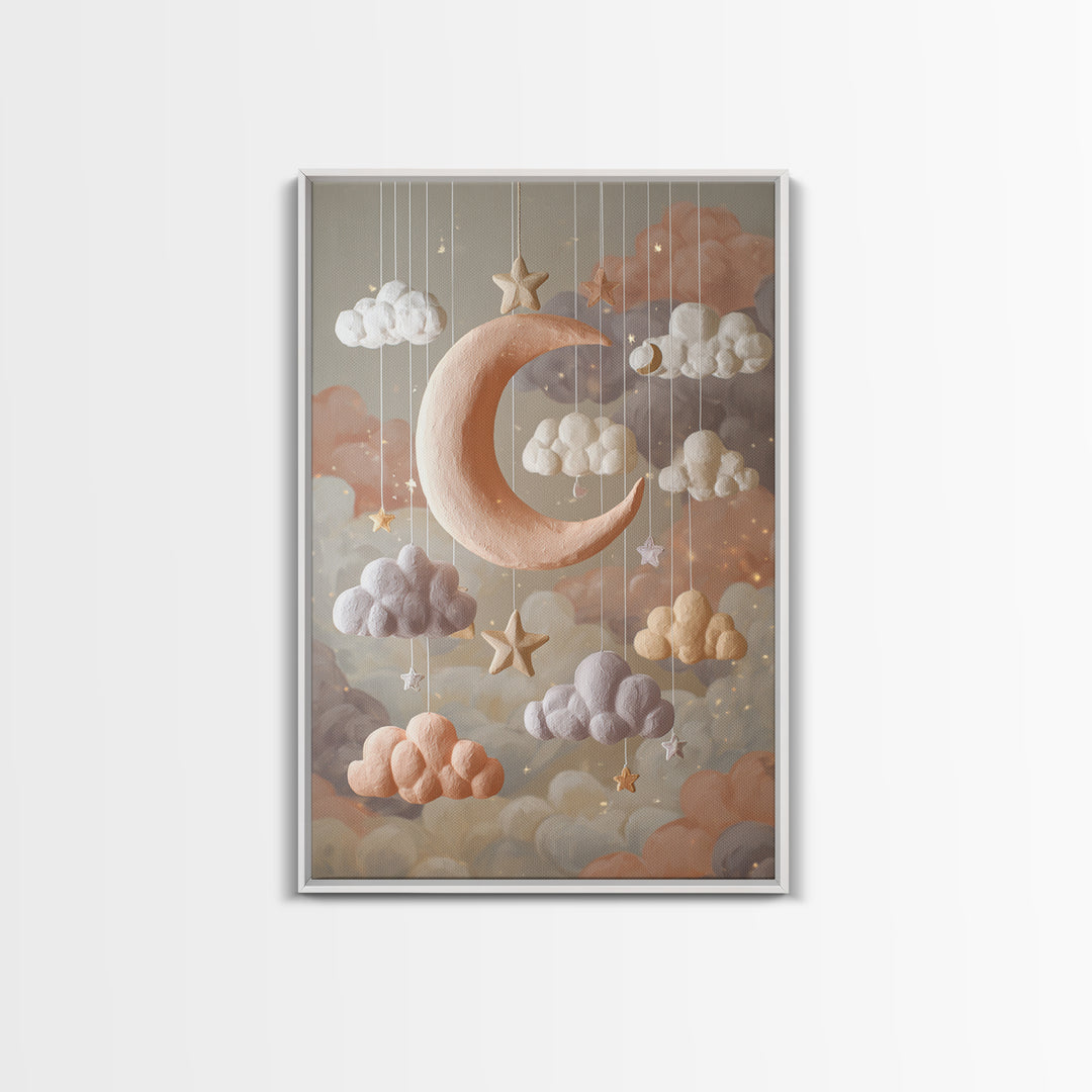 Moon Phase Mobile Framed Canvas Print, Nursery Decor, Kids Wall Art, Abstract Art, Nursery, Room Decor, Textured Painting, NDE-2x3-83