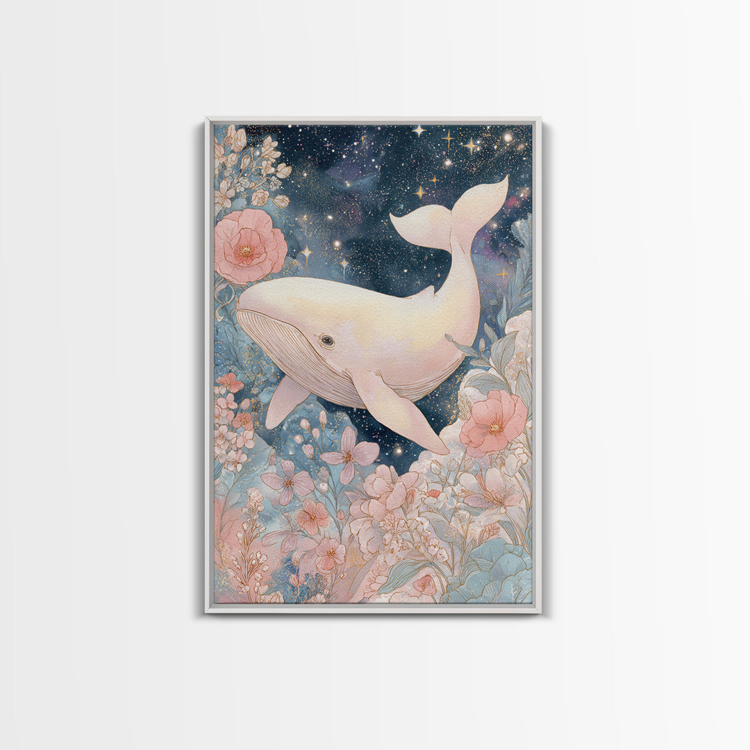 Baby Whale Swimming Through Stars Framed Canvas Print, Nursery Decor, Nursery Prints, Fine Art, Nursery, Nursery Wall Decal, NDE-2x3-88