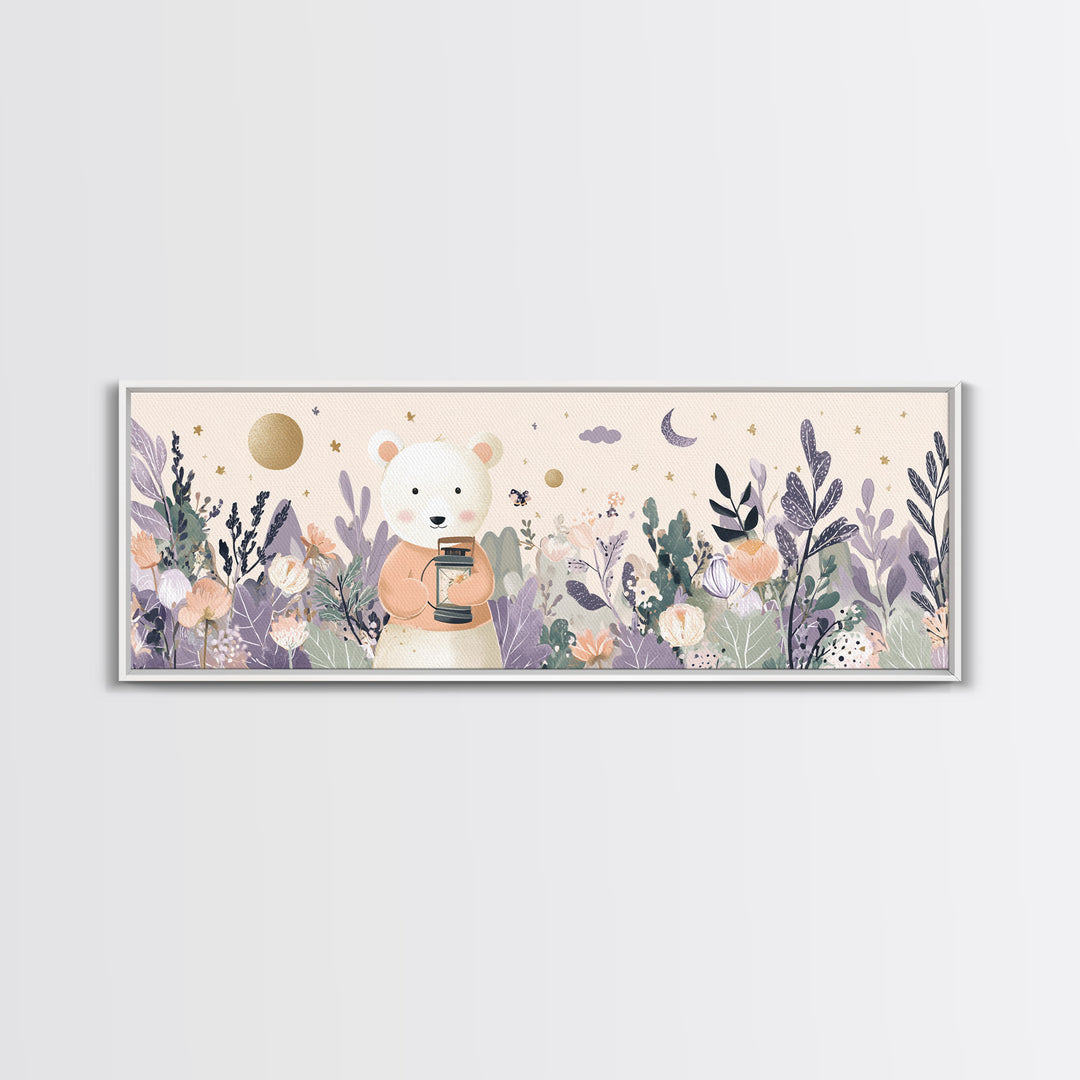 Storybook Bear with Little Lantern Framed Canvas Print, Nursery Decor, Safari Nursery Decor, Fine Art, Nursery, Modern Decor, NDE-3x1-1