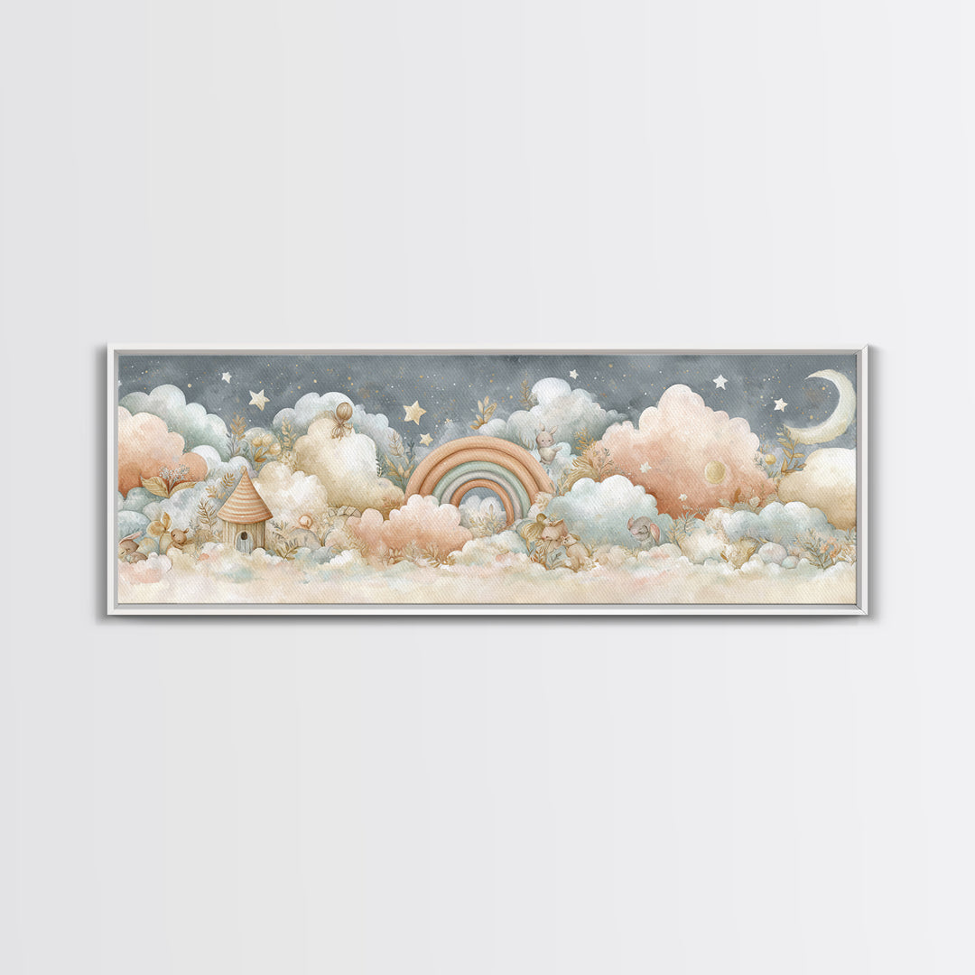 Cloud Rainbow and Raindrop Composition Framed Canvas Print, Nursery Decor, Nursery Name Sign, Fine Art, Nursery, Luxury Decor, NDE-3x1-12