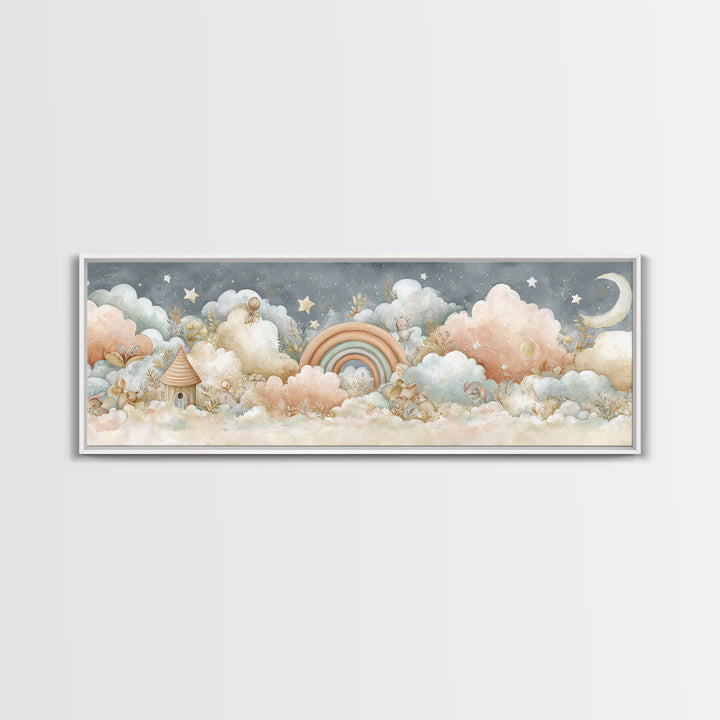 Cloud Rainbow and Raindrop Composition Framed Canvas Print, Nursery Decor, Nursery Name Sign, Fine Art, Nursery, Luxury Decor, NDE-3x1-12