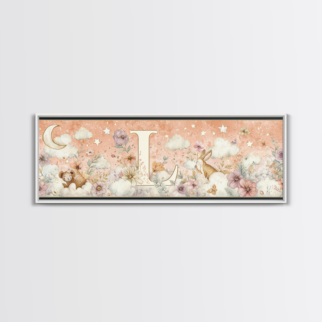 Soft Floral Initial Frame Without Letters Canvas Print, Nursery Decor, Woodland Nursery Decor, Nursery, Nursery Wall Decal, NDE-3x1-26