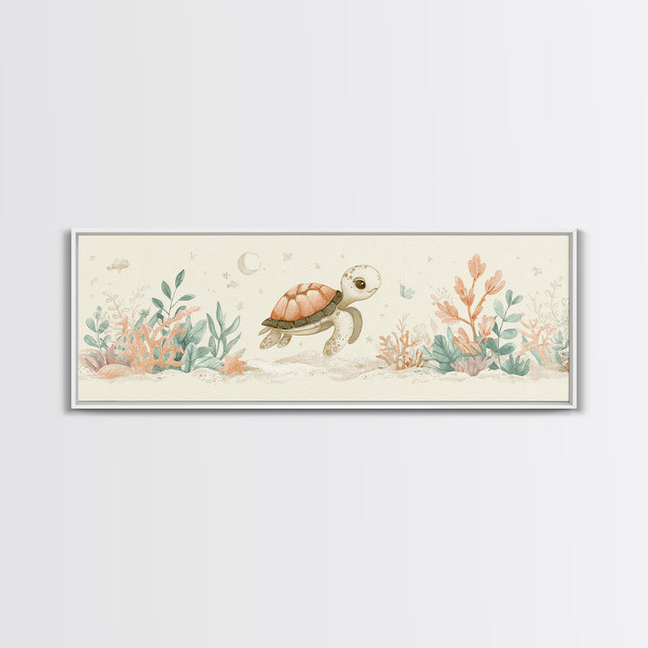 Tiny Turtle with Sea Plants Canvas Print, Nursery Decor, Minimalist Decor, Fine Art, Nursery, Wall Decals, Nursery Wall Decor, NDE-3x1-35