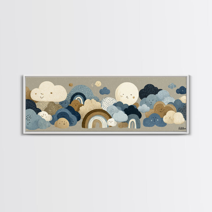 Cloud Rainbow and Raindrop Composition Canvas Print, Nursery Decor, Gallery Decor, Fine Art, Nursery, Wall Art, Home Decor, NDE-3x1-36
