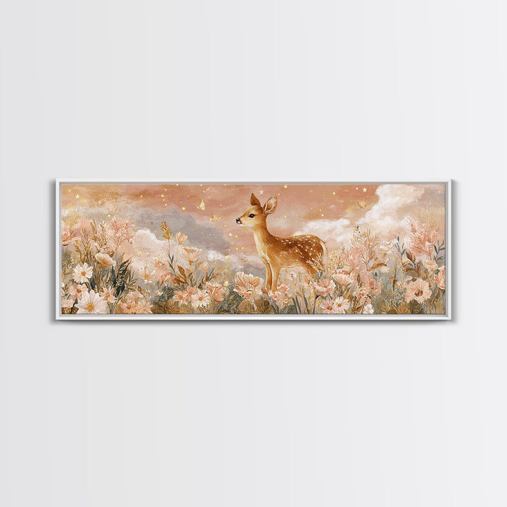 Baby Deer in Meadow with Fireflies Canvas Print, Nursery Decor, Nursery Wall Decor, Oil Painting, Nursery, Nursery Name Sign, NDE-3x1-38