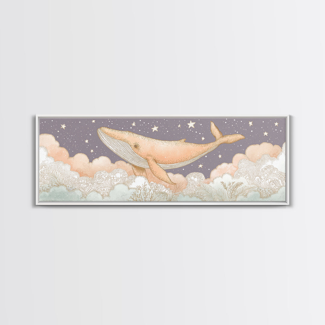 Baby Whale Swimming Through Stars Canvas Print, Nursery Decor, Textured Painting, Fine Art, Nursery, Bedroom Decor, Wall Decal, NDE-3x1-48