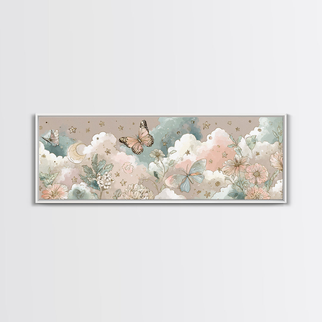 Pastel Butterfly and Wildflower Pattern Framed Canvas Print, Nursery Decor, Minimalist Decor, Oil Painting, Nursery, NDE-3x1-56