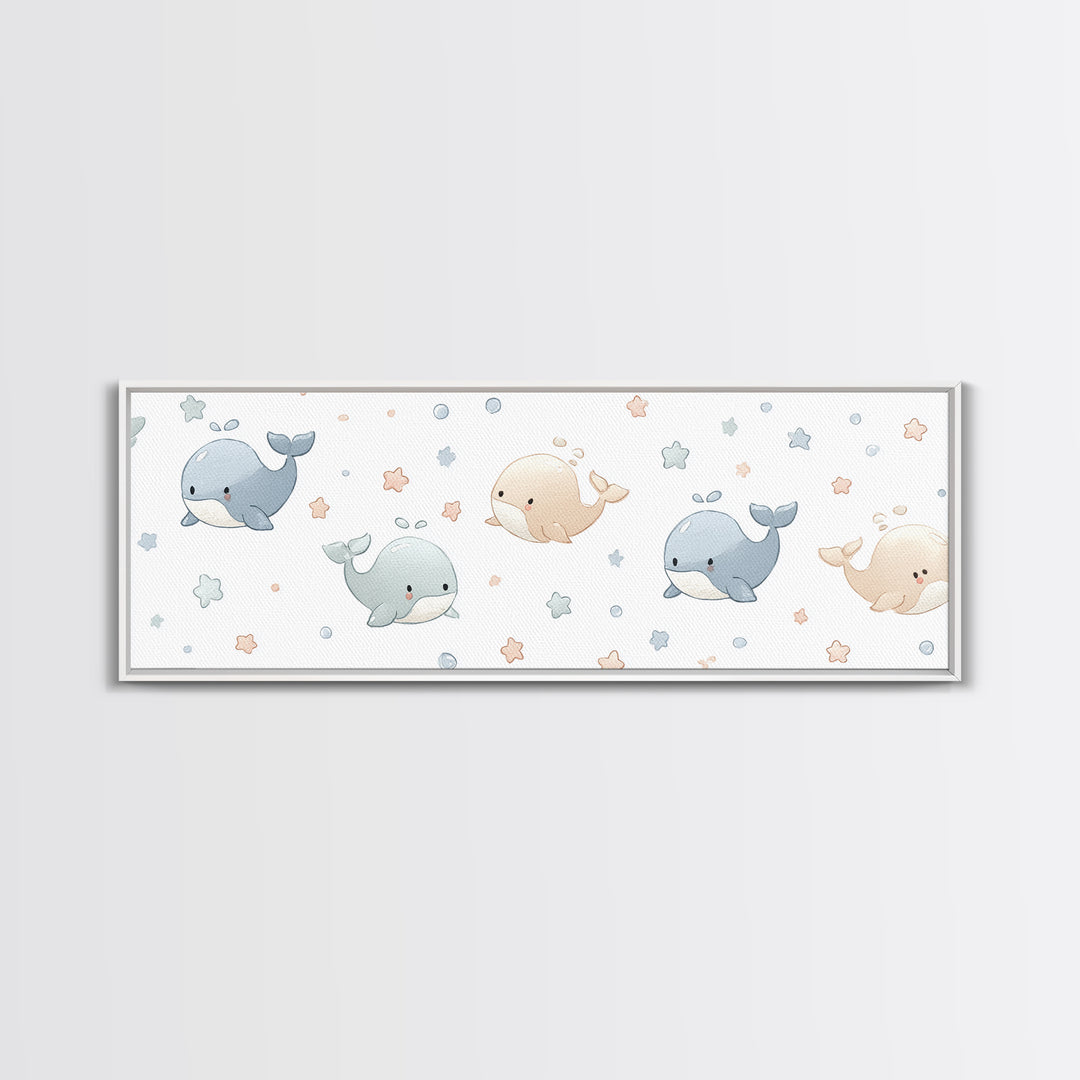 Baby Whale Swimming Through Stars Framed Canvas Print, Nursery Decor, Wall Decor, Fine Art, Nursery, Woodland Nursery Decor, NDE-3x1-72