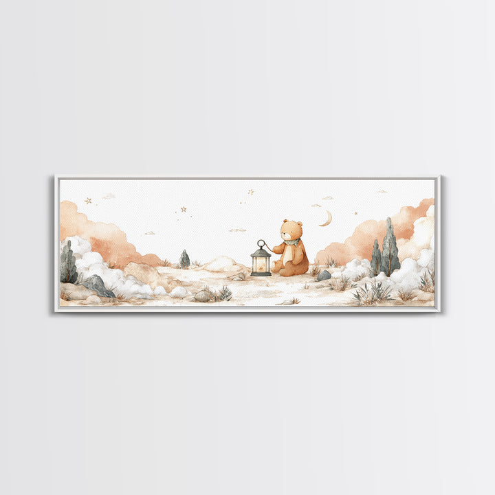 Storybook Bear with Little Lantern Framed Canvas Print, Nursery Decor, Neutral Decor, Fine Art, Nursery, Home Decor, Wall Decor, NDE-3x1-73