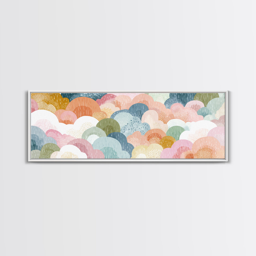 Cloud Rainbow and Raindrop Composition Framed Canvas Print, Nursery Decor, Canvas, Fine Art, Nursery, Playroom Decor, NDE-3x1-84