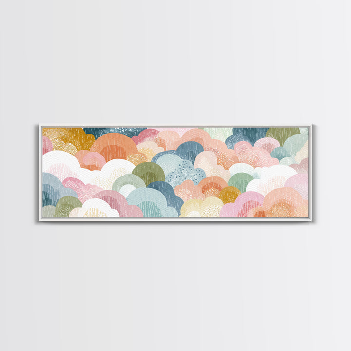 Cloud Rainbow and Raindrop Composition Framed Canvas Print, Nursery Decor, Canvas, Fine Art, Nursery, Playroom Decor, NDE-3x1-84
