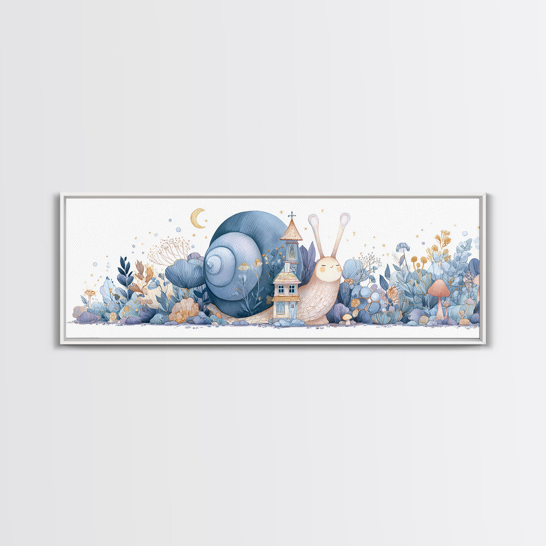 Garden Snail with Mushroom House Framed Canvas Print, Nursery Decor, Nursery, Fine Art, Nursery, Baby Girl Nursery Decor, NDE-3x1-87