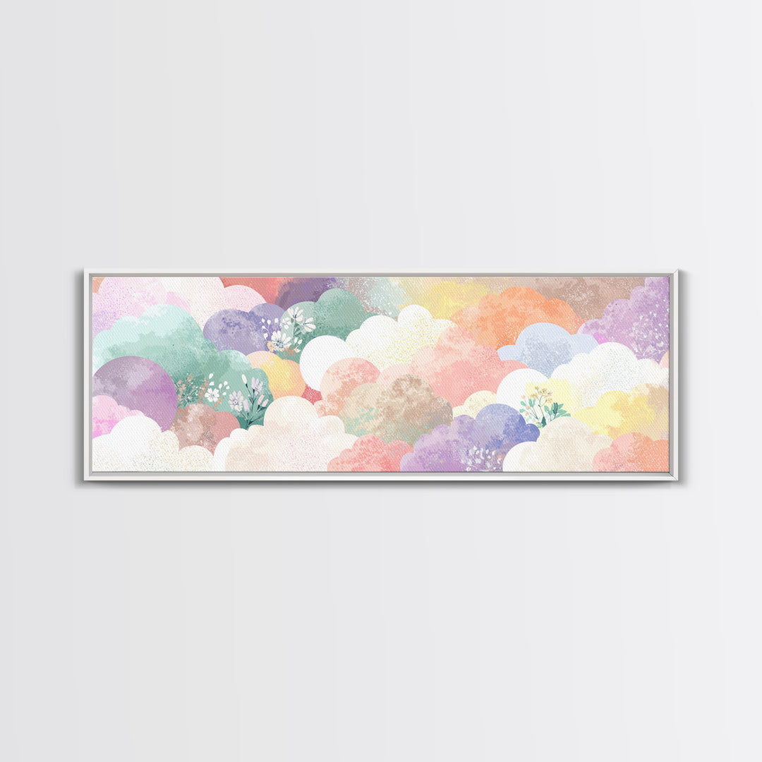 Pastel Rainbow with Soft Cloud Shapes Framed Canvas Print, Nursery Decor, Boho Decor, Fine Art, Nursery, Nursery Wall Art, NDE-3x1-89