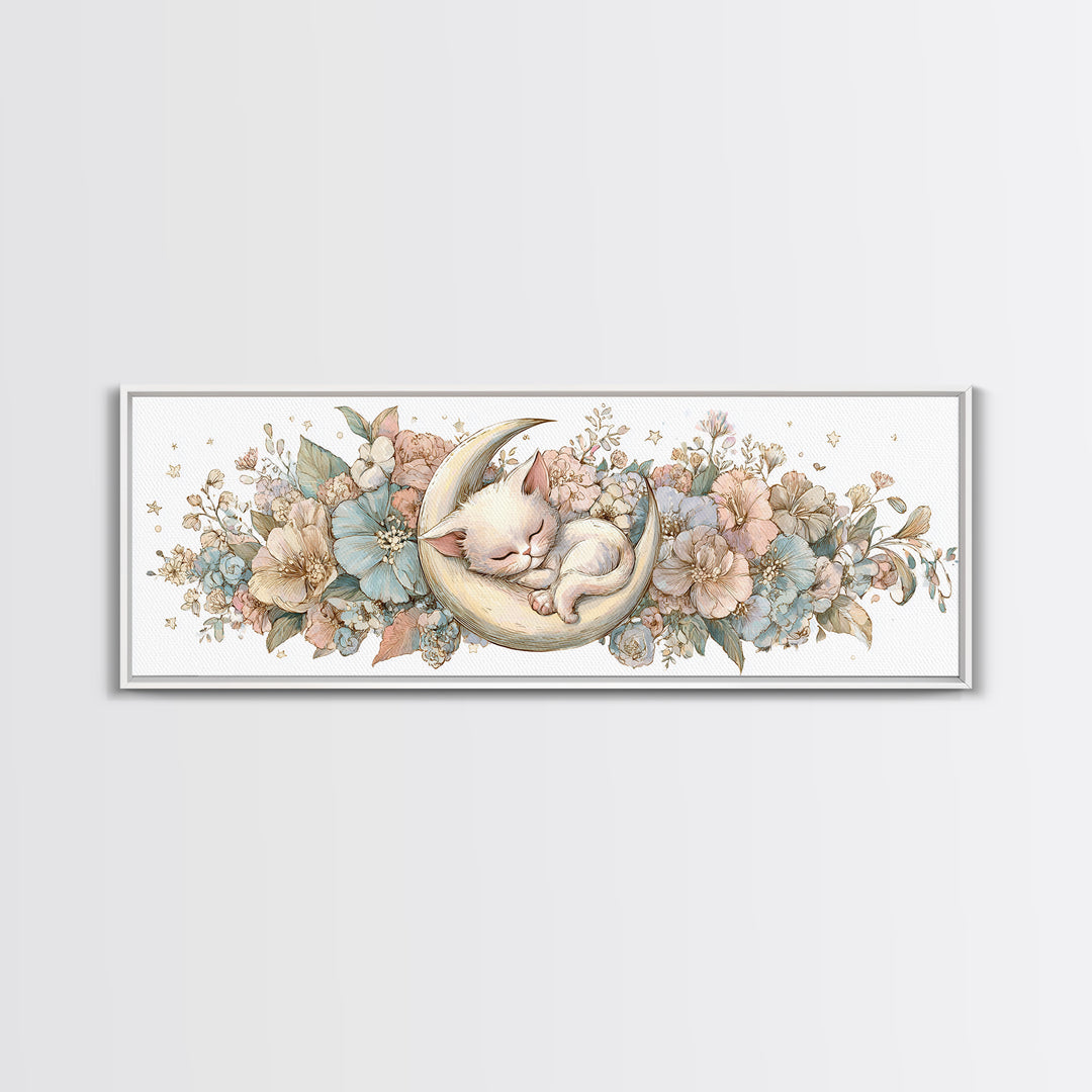 Sleeping Kitten on Crescent Moon Framed Canvas Print, Nursery Decor, Nursery Prints, Fine Art, Nursery, Nursery Wall Decal, NDE-3x1-9