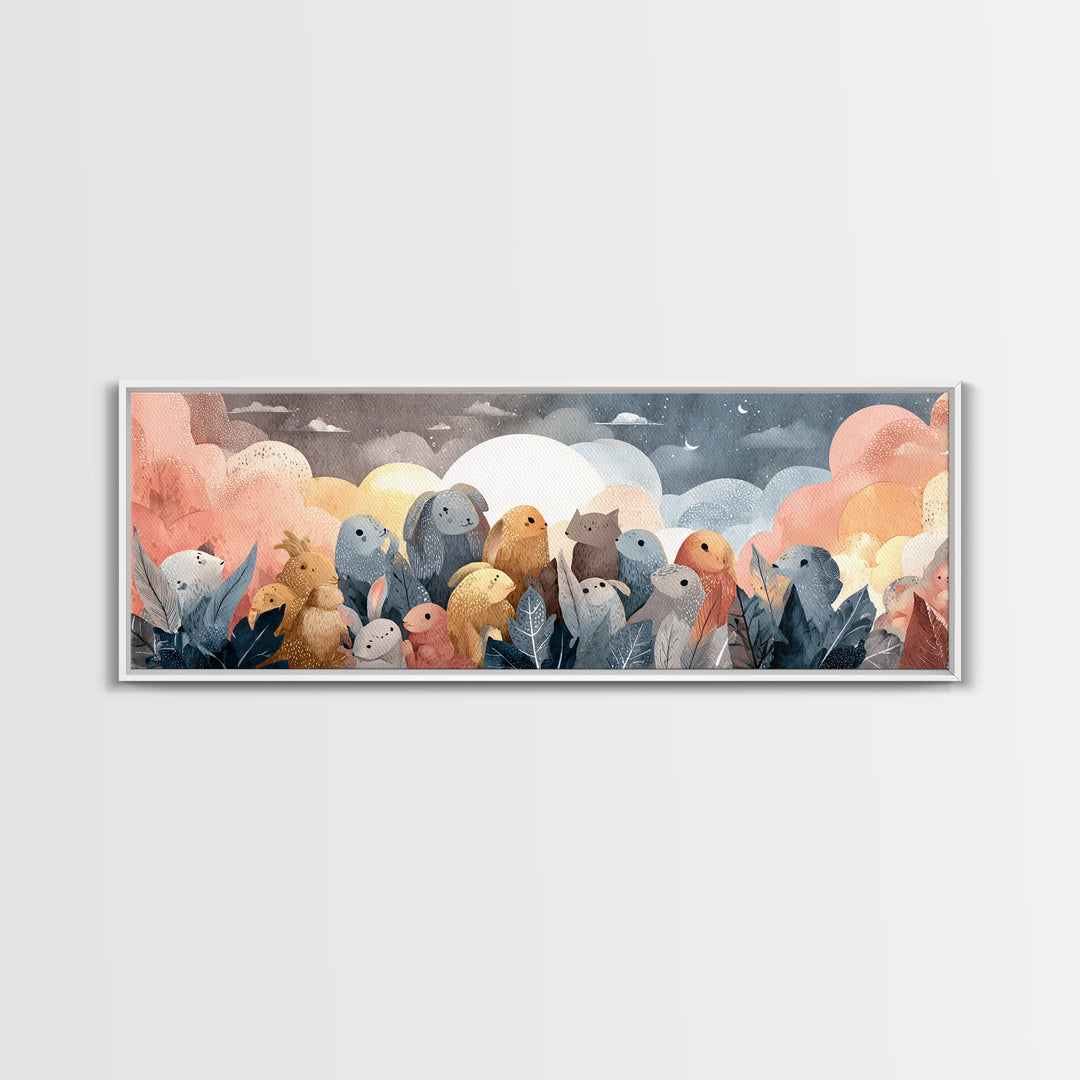 Woodland Animal Parade Framed Canvas Print, Nursery Decor, Nursery Name Sign, Fine Art, Nursery, Luxury Decor, Room Decor, NDE-3x1-90