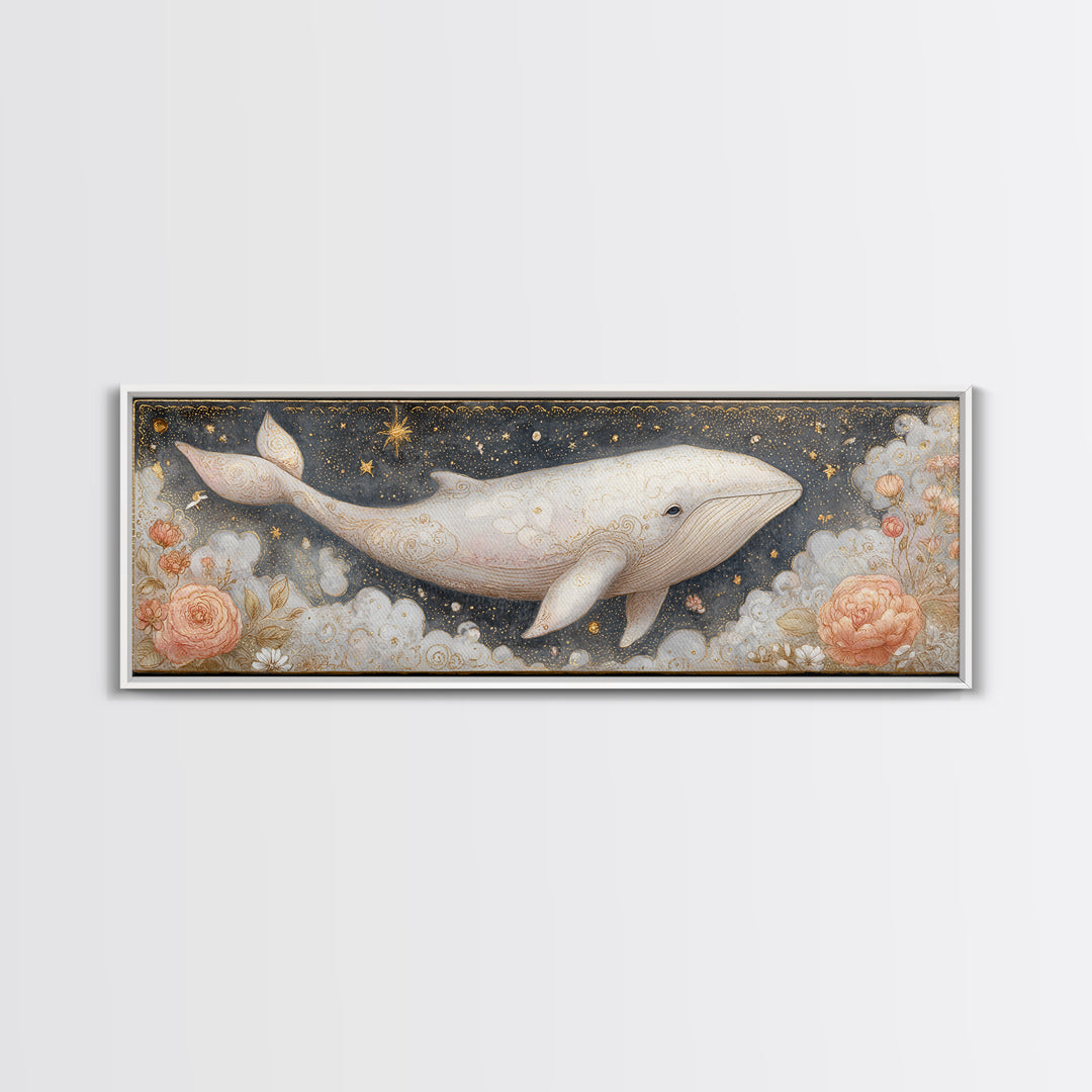 Baby Whale Swimming Through Stars Canvas Print, Nursery Decor, Textured Painting, Fine Art, Nursery, Bedroom Decor, Wall Decal, NDE-3x1-96