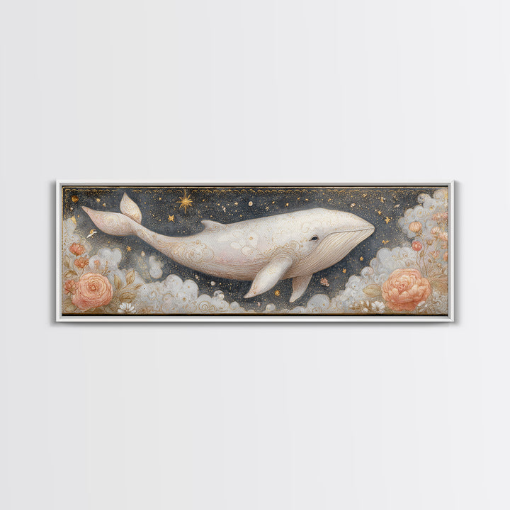 Baby Whale Swimming Through Stars Canvas Print, Nursery Decor, Textured Painting, Fine Art, Nursery, Bedroom Decor, Wall Decal, NDE-3x1-96