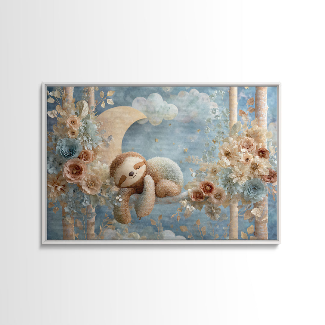 Sleepy Sloth Hanging from Branch Framed Canvas Print, Nursery Decor, Playroom Decor, Oil Painting, Nursery, Boy Nursery Decor, NDE-3x2-10
