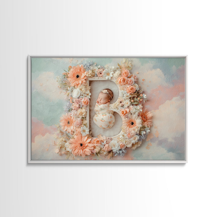 Soft Floral Initial Frame Without Letters Framed Canvas Print, Nursery Decor, Nursery Wall Decor, Oil Painting, Nursery, NDE-3x2-14