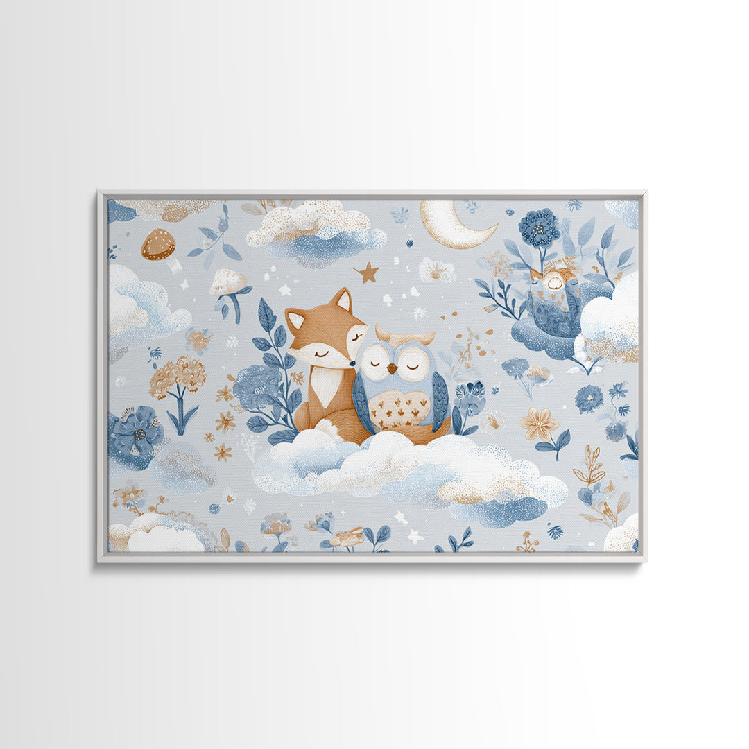 Fox and Owl Friends Framed Canvas Print, Nursery Decor, Nursery Art, Fine Art, Nursery, Kids Wall Art, Nursery Wall Decals, NDE-3x2-18
