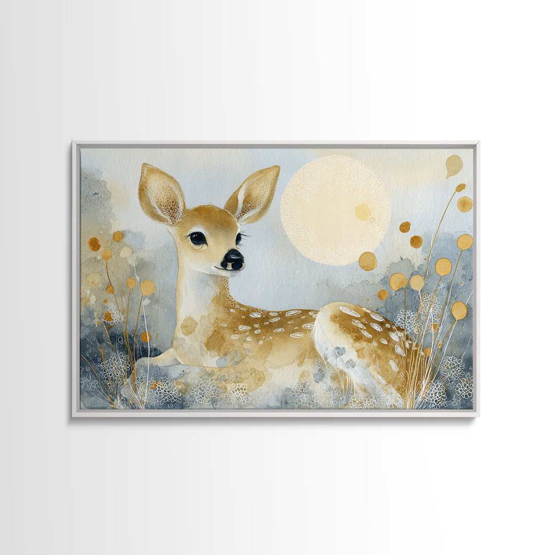 Baby Deer in Meadow with Fireflies Framed Canvas Print, Nursery Decor, Wall Decal, Nursery, Wall Light, Girl Nursery Decor, NDE-3x2-2
