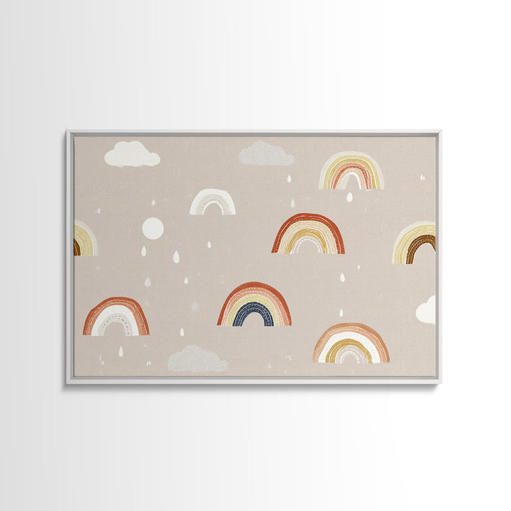 Cloud Rainbow and Raindrop Composition Framed Canvas Print, Nursery Decor, Nursery Name Sign, Fine Art, Nursery, Luxury Decor, NDE-3x2-24