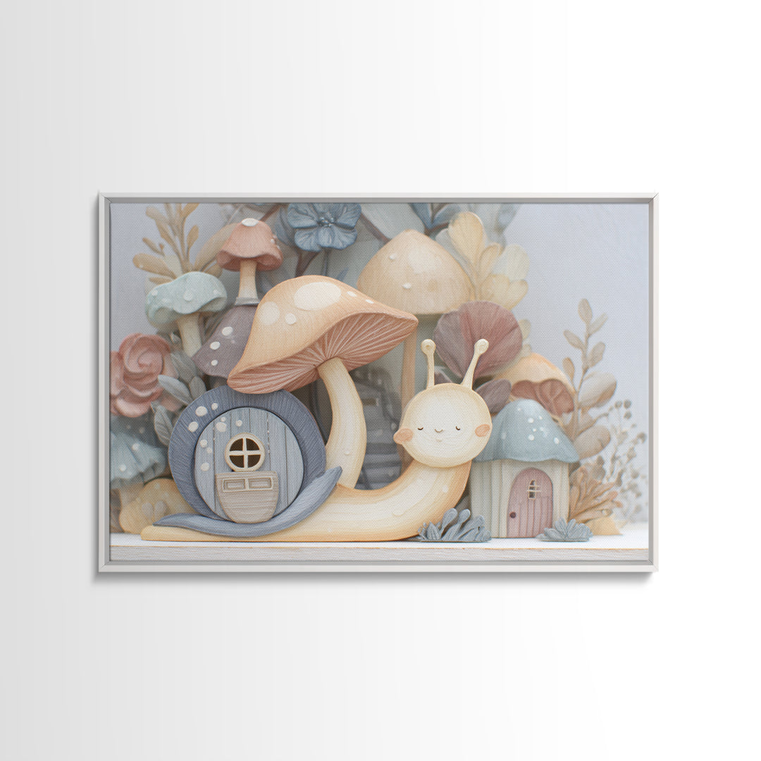 Garden Snail with Mushroom House Framed Canvas Print, Nursery Decor, Gallery Decor, Fine Art, Nursery, Wall Art, Home Decor, NDE-3x2-27