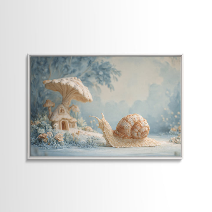 Garden Snail with Mushroom House Canvas Print, Nursery Decor, Nursery Name Sign, Fine Art, Nursery, Luxury Decor, Room Decor, NDE-3x2-3