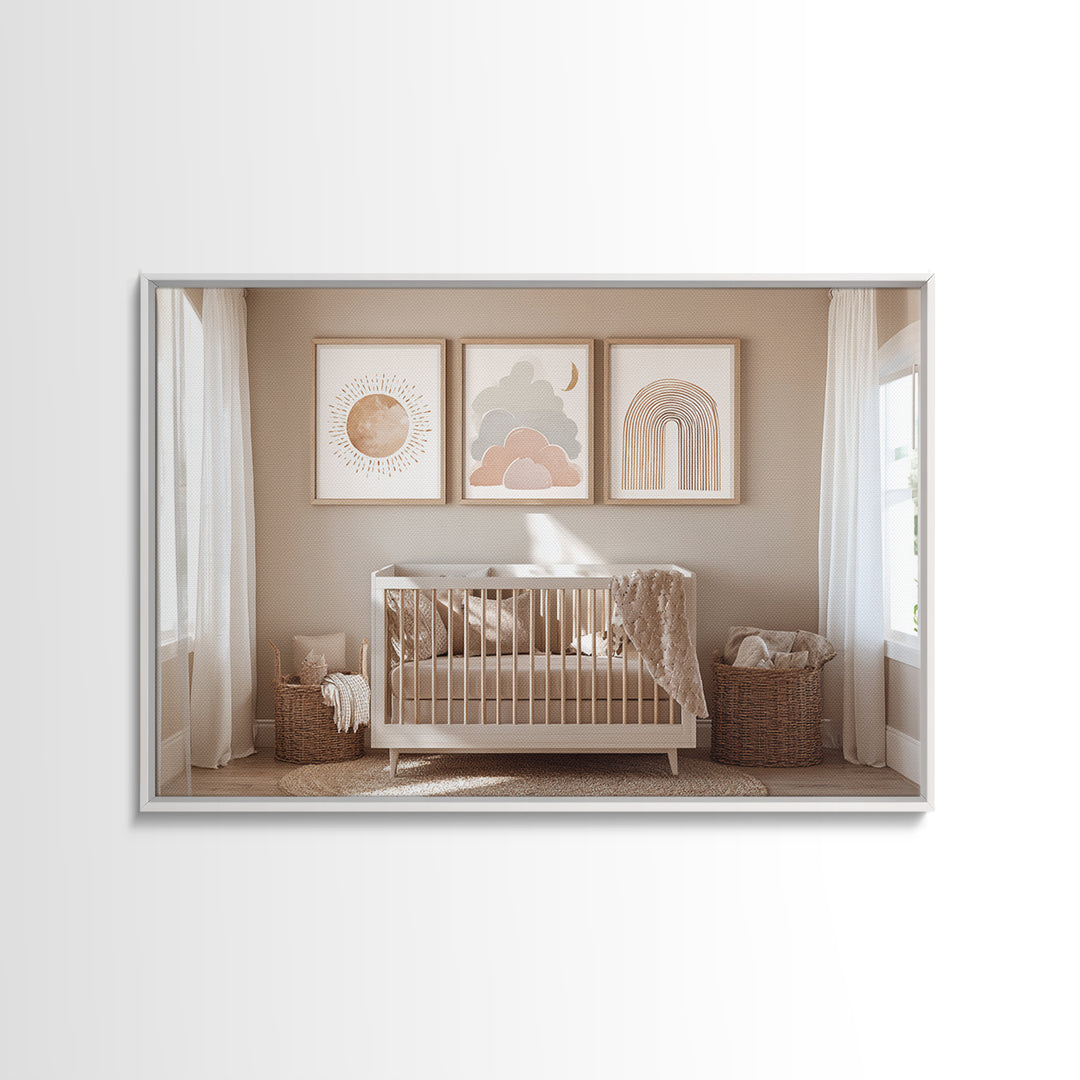Neutral Boho Sun and Arch Shapes Framed Canvas Print, Nursery Decor, Contemporary Art, Abstract Art, Nursery, Wall Decals, NDE-3x2-39