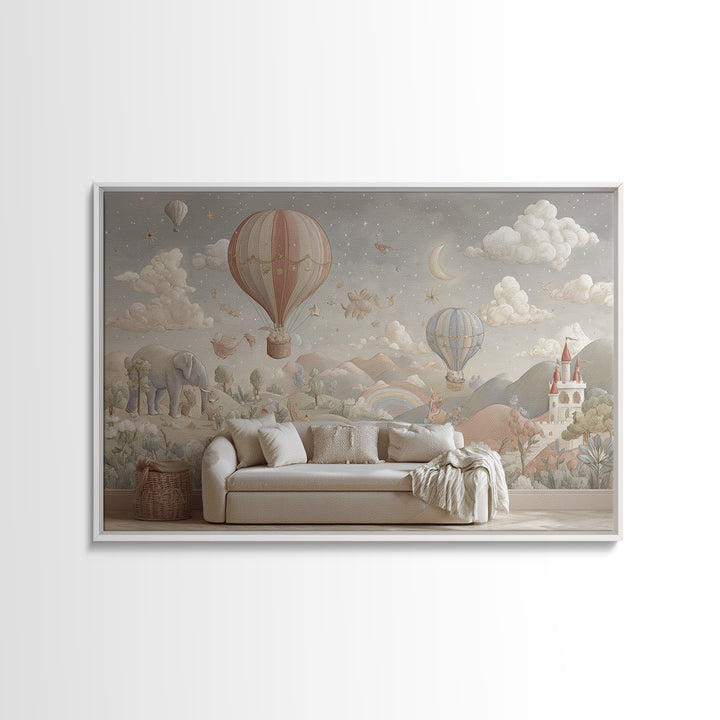 Hot Air Balloon Drifting Framed Canvas Print, Nursery Decor, Nursery Wall Decal, Oil Painting, Nursery, Minimalist Decor, NDE-3x2-40