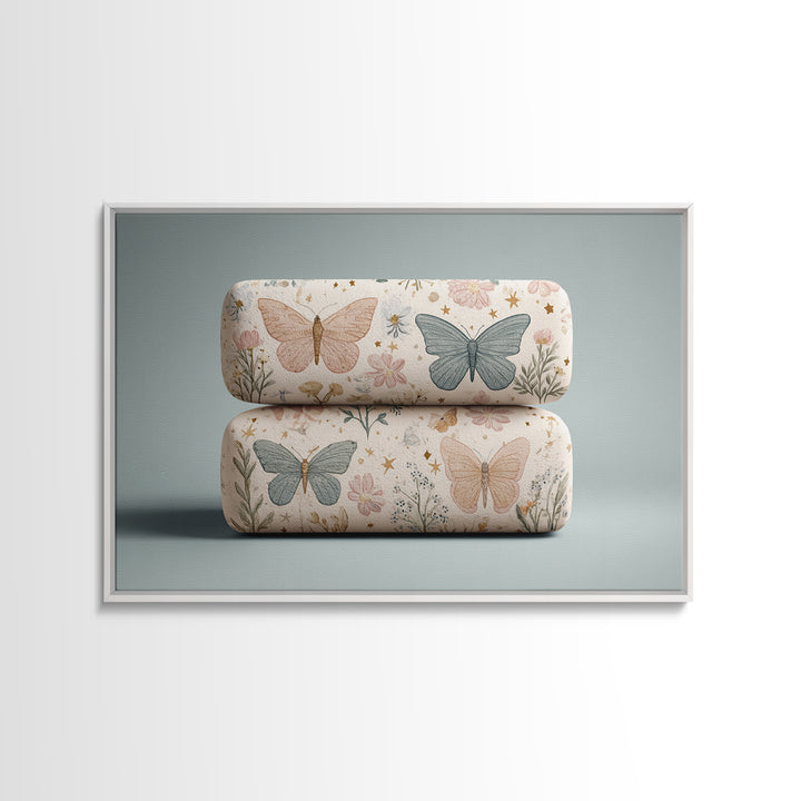 Pastel Butterfly and Wildflower Pattern Canvas Print, Nursery Decor, Boy Nursery Decor, Fine Art, Nursery, Contemporary Art, NDE-3x2-44