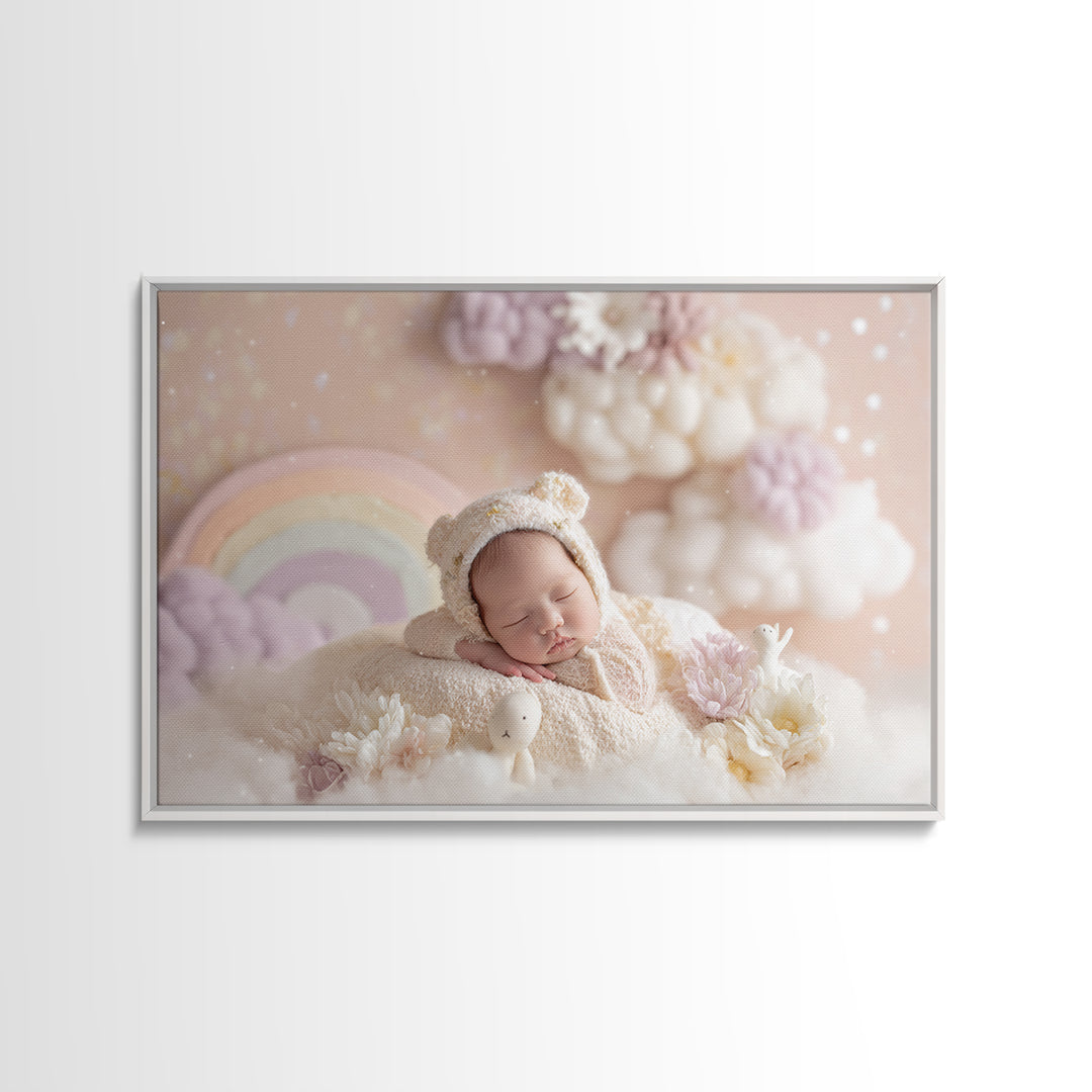 Cloud Rainbow and Raindrop Composition Canvas Print, Nursery Decor, Gallery Decor, Fine Art, Nursery, Wall Art, Home Decor, NDE-3x2-48
