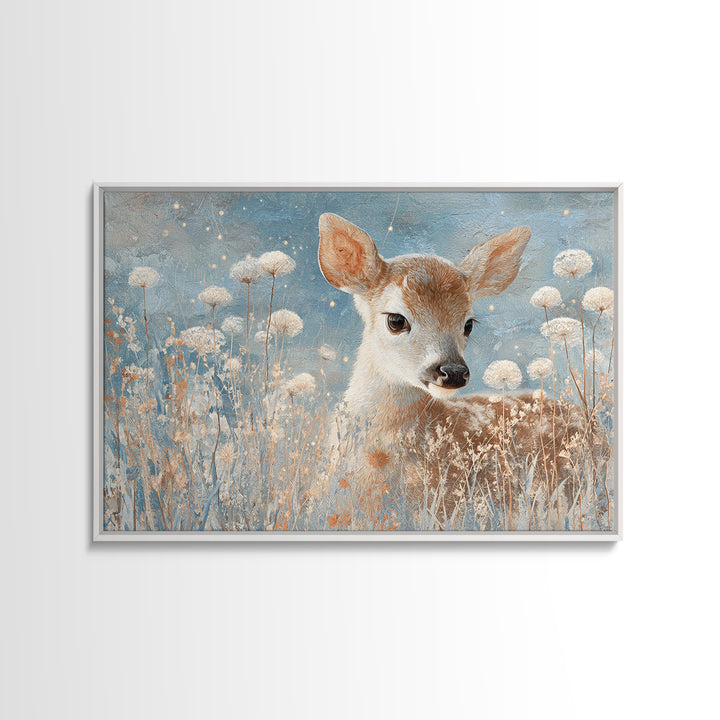 Baby Deer in Meadow with Fireflies Framed Canvas Print, Nursery Decor, Floral Wallpaper, Fine Art, Nursery, Fine Art Print, NDE-3x2-50