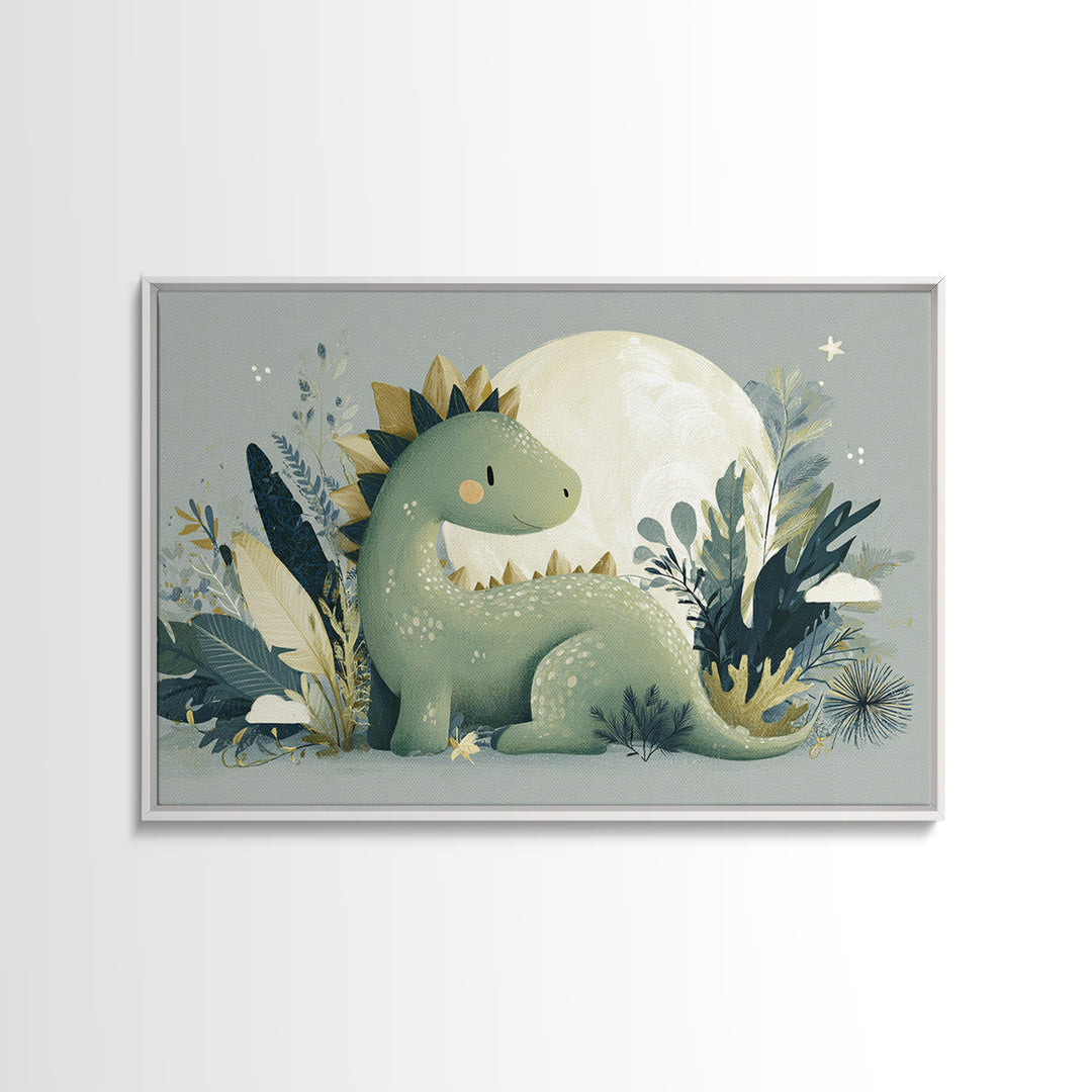 Gentle Dinosaur Family Framed Canvas Print, Nursery Decor, Nursery Wall Art, Oil Painting, Nursery, Botanical Wall Art, NDE-3x2-59