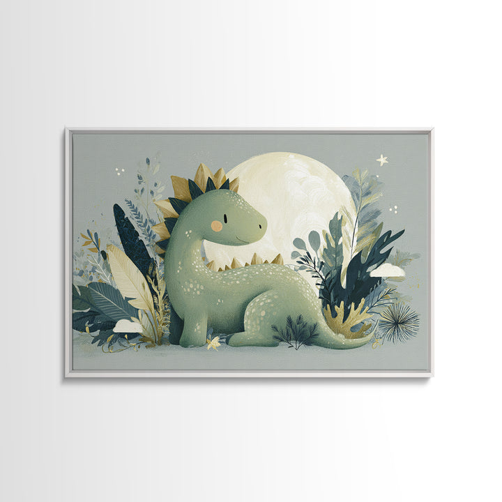 Gentle Dinosaur Family Framed Canvas Print, Nursery Decor, Nursery Wall Art, Oil Painting, Nursery, Botanical Wall Art, NDE-3x2-59