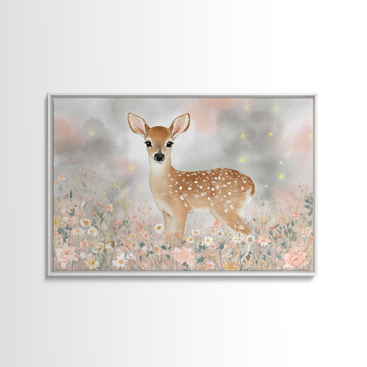Baby Deer in Meadow with Fireflies Framed Canvas Print, Nursery Decor, Floral Wallpaper, Fine Art, Nursery, Fine Art Print, NDE-3x2-74