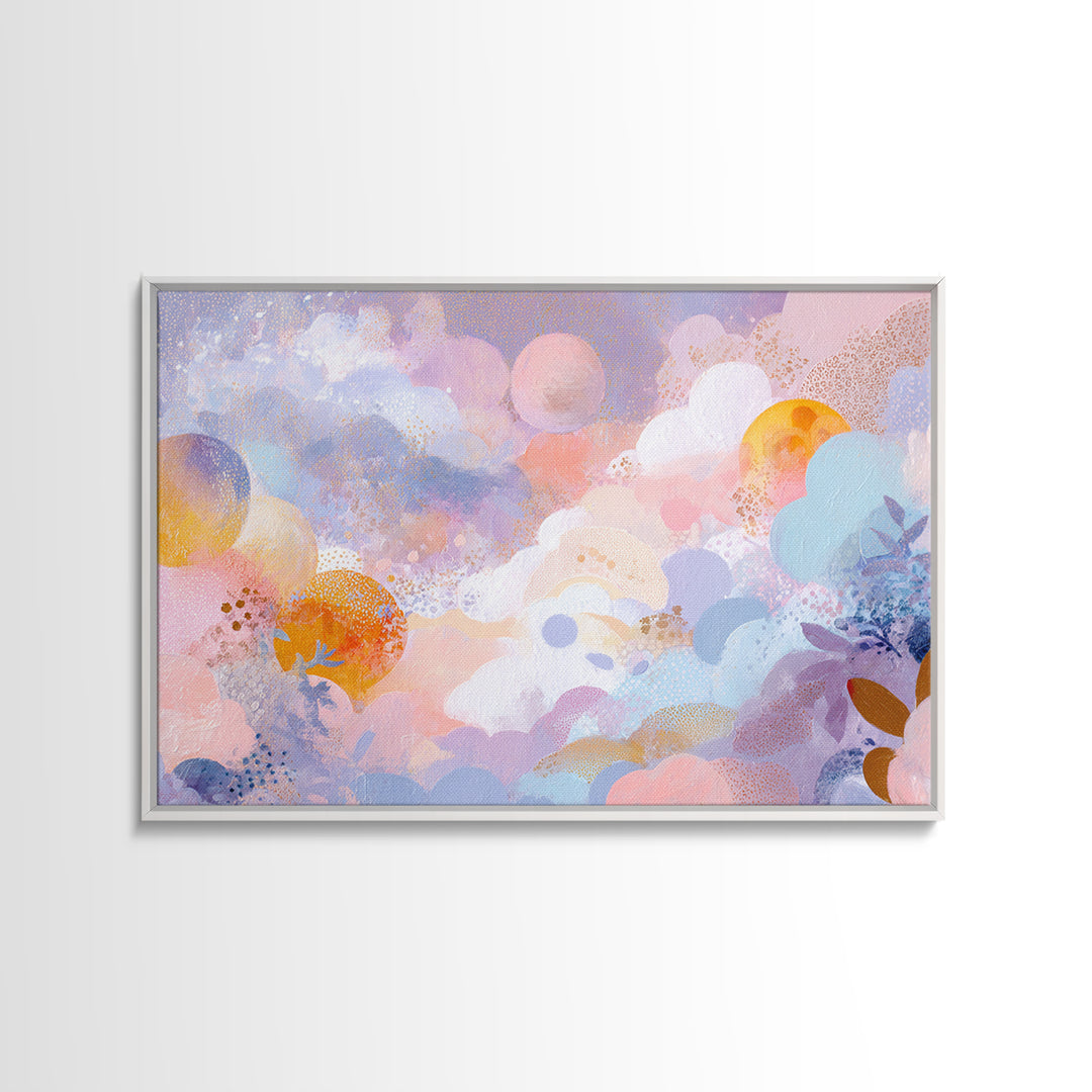 Pastel Rainbow with Soft Cloud Shapes Framed Canvas Print, Nursery Decor, Room Decor, Abstract Art, Nursery, Framed Wall Art, NDE-3x2-77