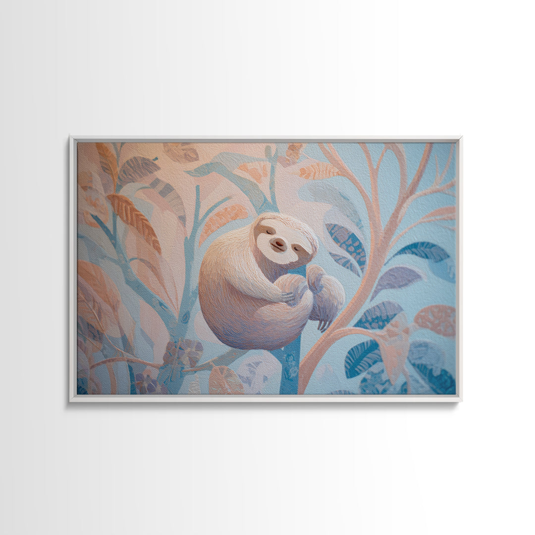 Sleepy Sloth Hanging from Branch Framed Canvas Print, Nursery Decor, Nursery Wall Decal, Watercolor Art, Nursery, NDE-3x2-82