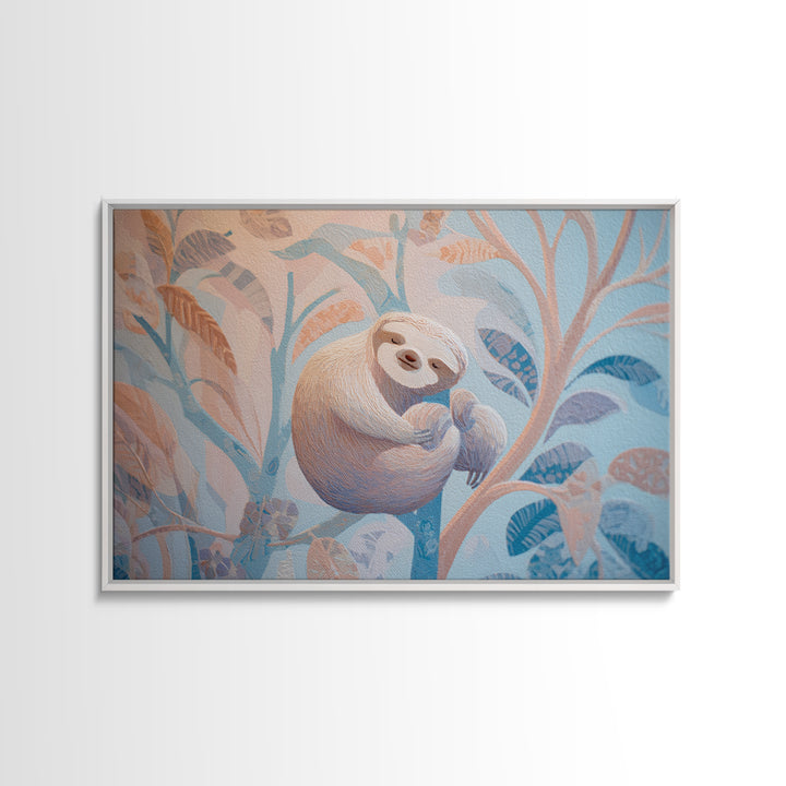 Sleepy Sloth Hanging from Branch Framed Canvas Print, Nursery Decor, Nursery Wall Decal, Watercolor Art, Nursery, NDE-3x2-82