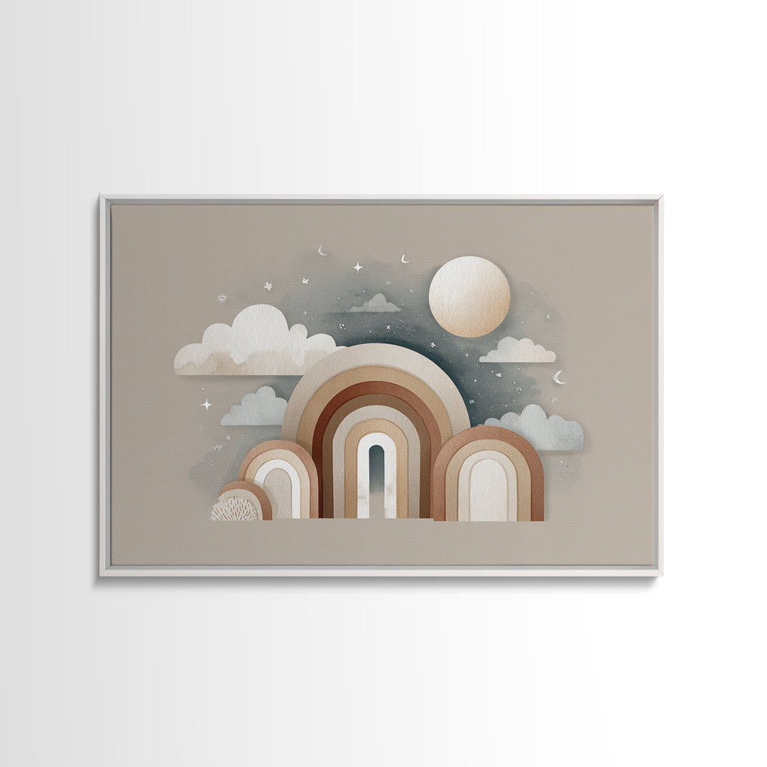 Neutral Boho Sun and Arch Shapes Framed Canvas Print, Nursery Decor, Wall Decor, Fine Art, Nursery, Woodland Nursery Decor, NDE-3x2-87