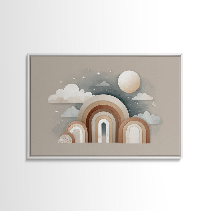 Neutral Boho Sun and Arch Shapes Framed Canvas Print, Nursery Decor, Wall Decor, Fine Art, Nursery, Woodland Nursery Decor, NDE-3x2-87
