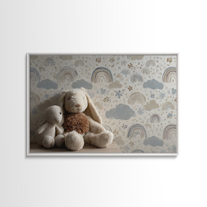 Cloud Rainbow and Raindrop Composition Framed Canvas Print, Nursery Decor, Canvas, Fine Art, Nursery, Playroom Decor, NDE-3x2-96