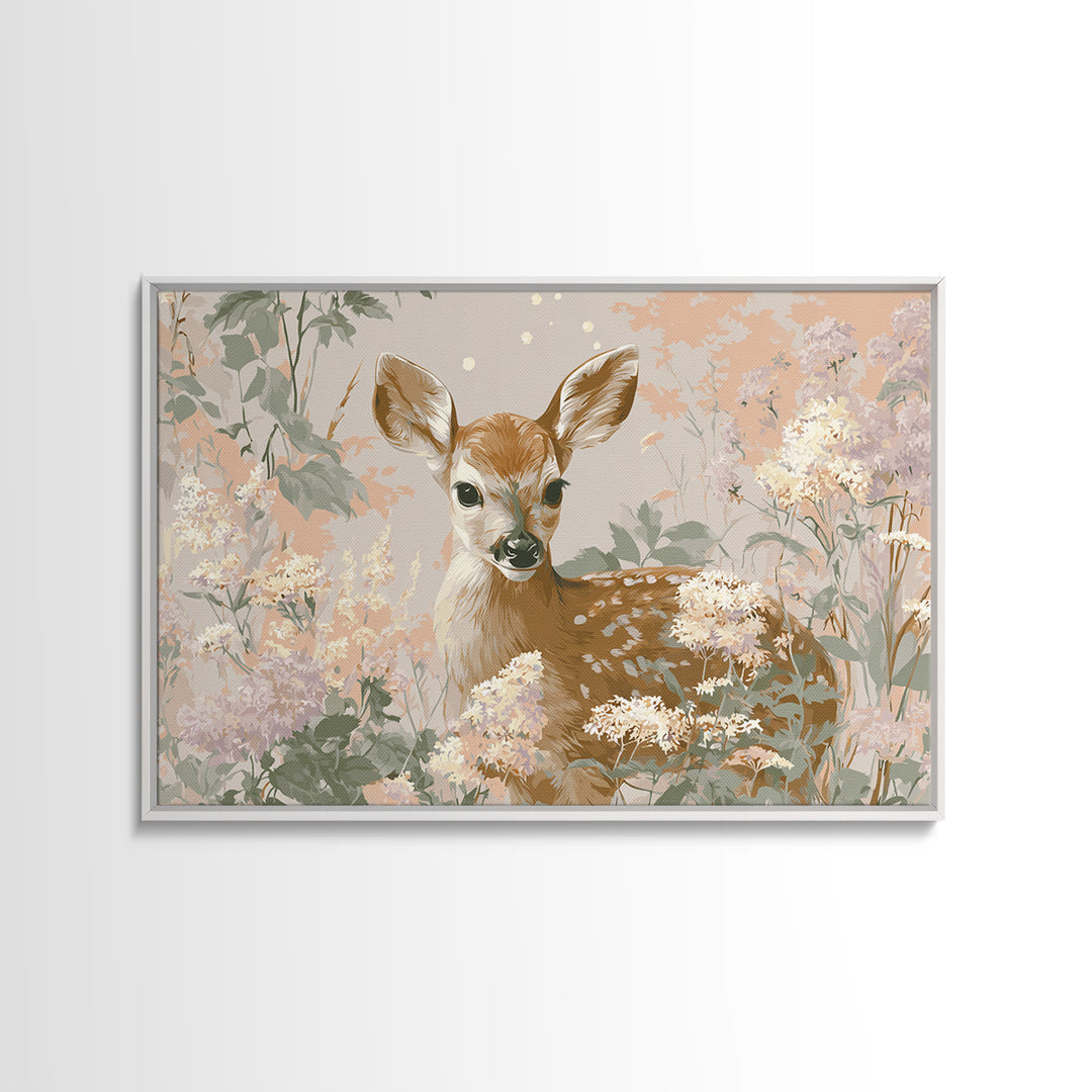 Baby Deer in Meadow with Fireflies Canvas Print, Nursery Decor, Nursery Wall Decals, Oil Painting, Nursery, Textured Painting, NDE-3x2-98