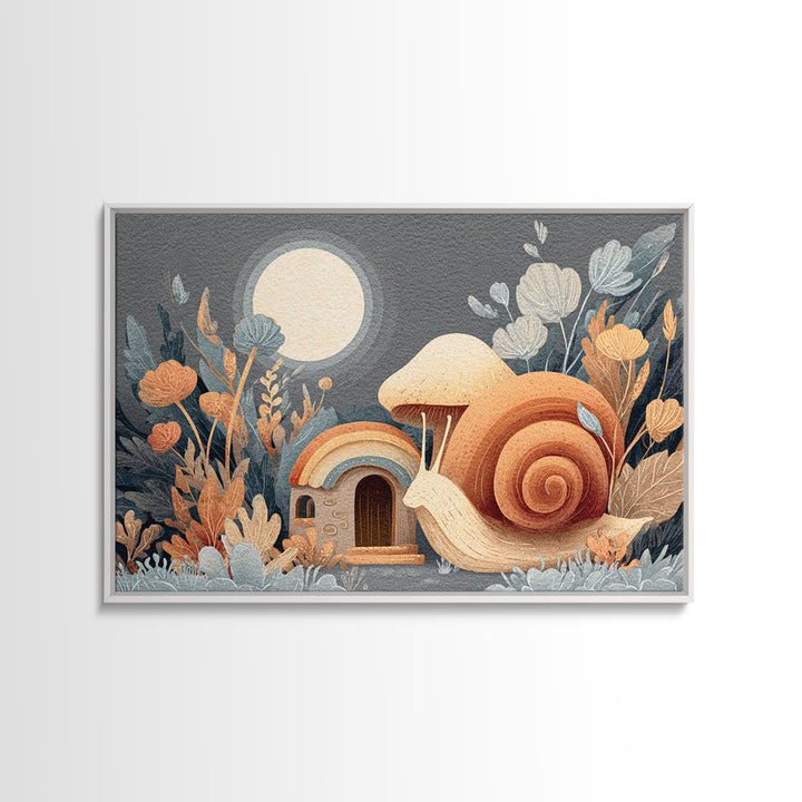 Garden Snail with Mushroom House Framed Canvas Print, Nursery Decor, Nursery, Fine Art, Nursery, Baby Girl Nursery Decor, NDE-3x2-99