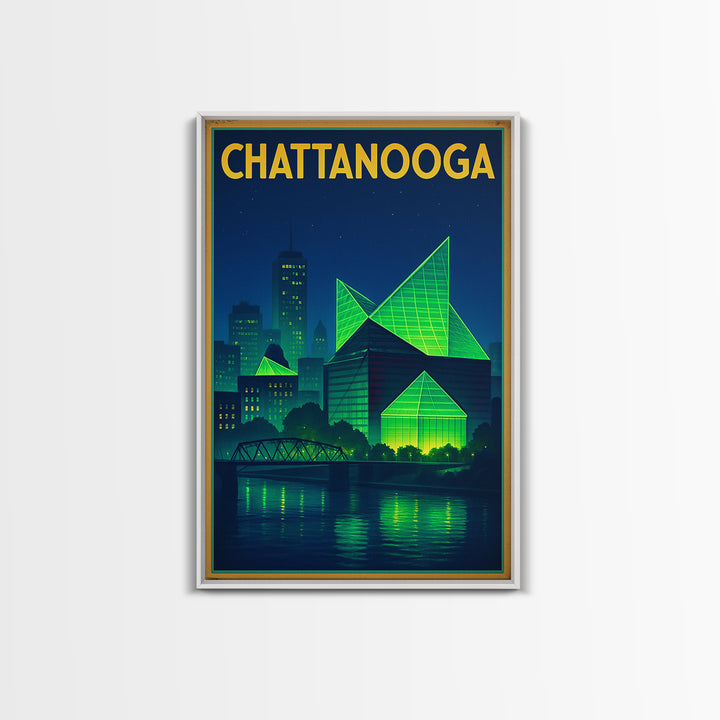 Chattanooga Travel Poster, Framed Canvas Print, Retro Neon Travel Art, Chattanooga City Art, Travel Wall Art, City Illustration