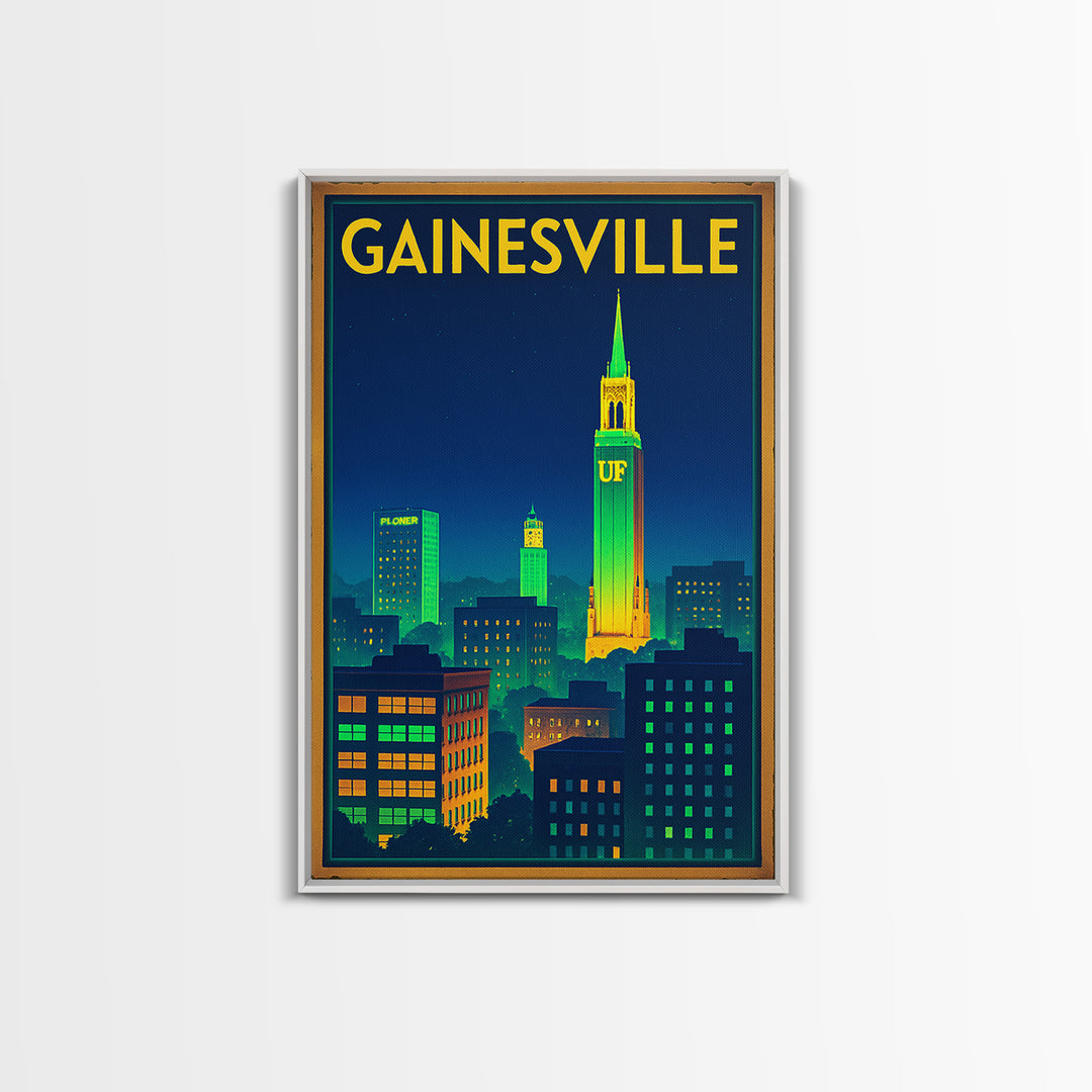 Gainesville Travel Poster, Canvas Print, Electric Night Poster Art, Gainesville Travel Art, Travel Wall Art, Watercolor Urban Skyline