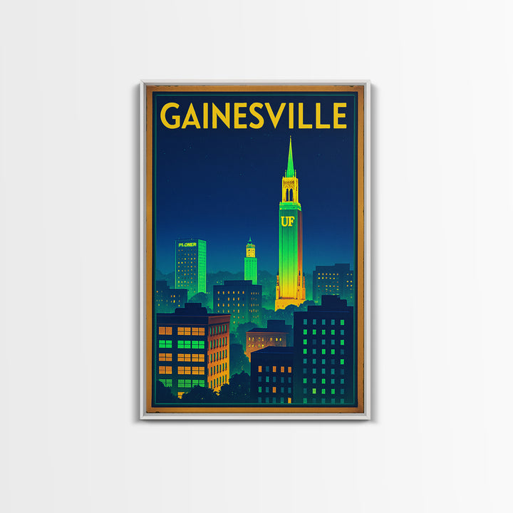 Gainesville Travel Poster, Canvas Print, Electric Night Poster Art, Gainesville Travel Art, Travel Wall Art, Watercolor Urban Skyline