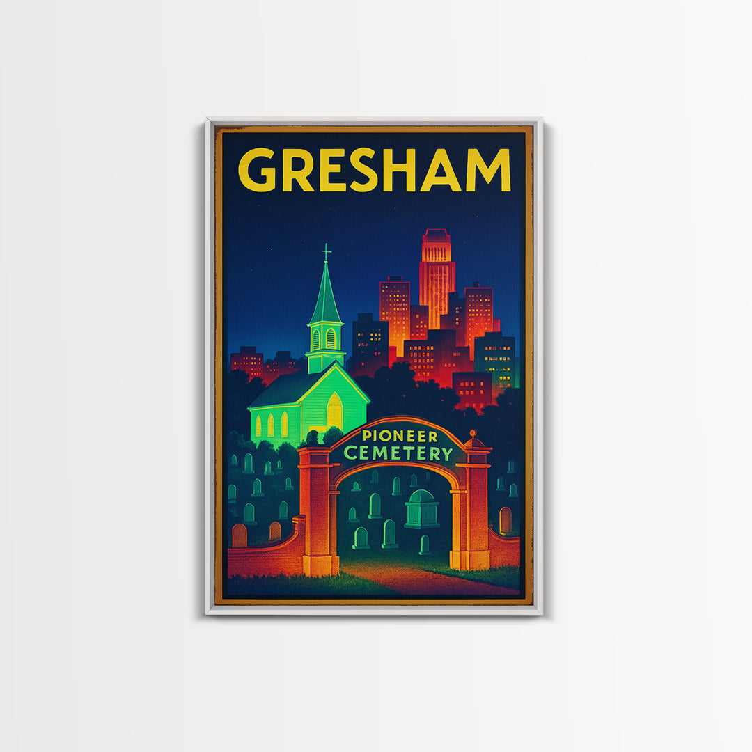 Gresham Travel Poster, Framed Canvas Print, Electric Night Poster Art, Gresham Poster Print, Vintage City Art, City Art Print, Design 2