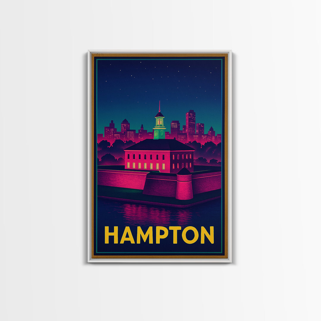 Hampton Virginia Travel Poster, Canvas Print, Retro Neon Travel Art, Hampton City Art, Travel Wall Art, Modern Wall Decor, Wall Art