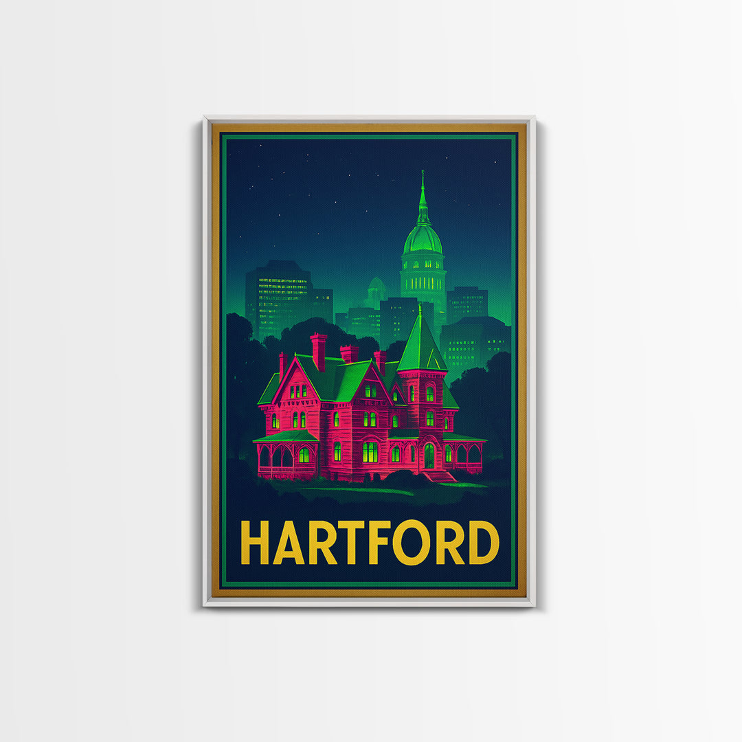Hartford Connecticut Travel Poster, Canvas Print, Neon City Skyline Wall Art, Hartford Art Print, Wall Decor, Travel Art, Travel Print